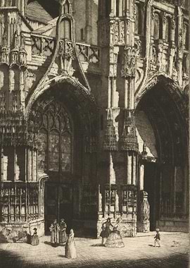 Gothic Cathedral Entrance with Figures