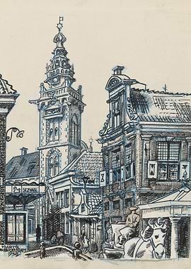 Vintage European Street Scene with Tower