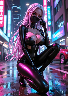 Sexy Anime Cyberpunk Ninja Girl in Neon City
