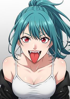 Anime Girl with Teal Hair and Fangs