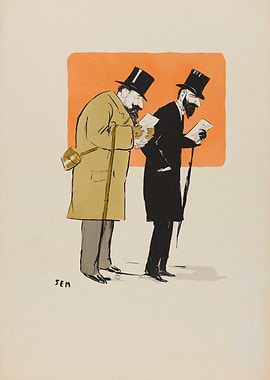 Two men reading in front of an orange background