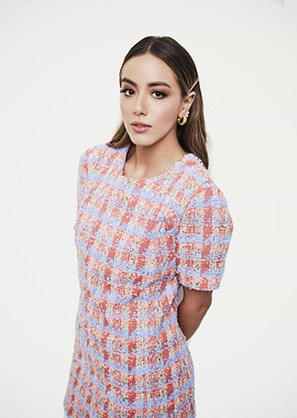 Chloe Bennet in a Tweed Dress