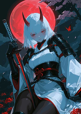 Oni Warrior with Katana Under Red Moon