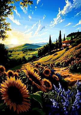 Tuscan Landscape with Sunflowers and House