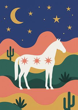 White Horse Under a Starry Desert Night Sky