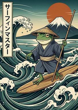 Japanese Frog Surfing Master with Mount Fuji and Great Wave