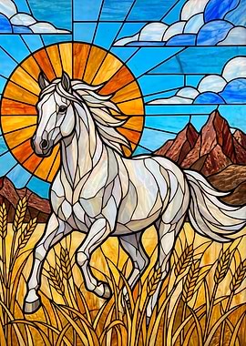 Stained Glass White Horse in Wheat Field