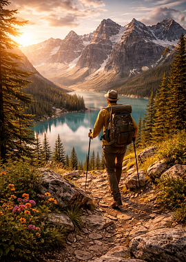 Hiker with Backpack in Mountains