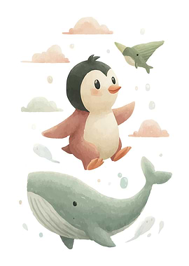 Cute Penguin and Whale Illustration