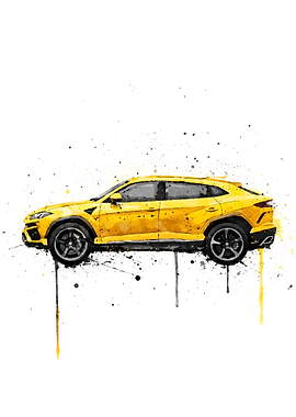 Yellow Lamborghini Urus Watercolor Splash Art