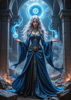 Fantasy Sorceress casting a blue magic spell