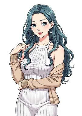 Anime Woman in Striped Dress and Cardigan
