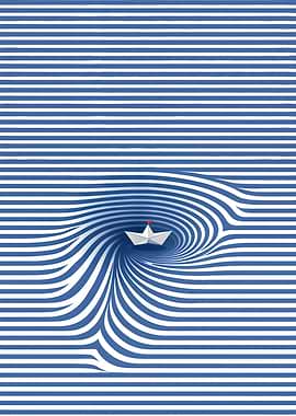 Paper Boat Whirlpool Optical Illusion Navy Blue Striped Ocean Surreal Art