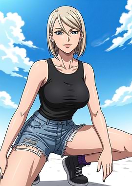 Anime woman in denim shorts and tank top