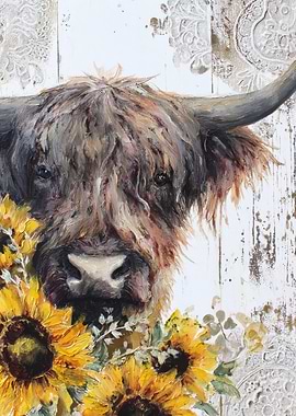 Highland Cow with Sunflowers Painting