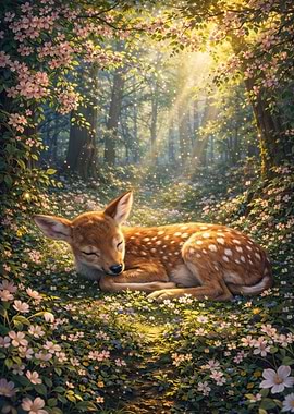 Fawn Sleeping in a Flower Meadow