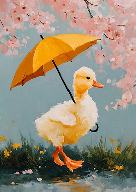 Duckling with Umbrella Under Cherry Blossoms