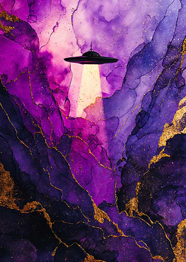 UFO Hovering Over Purple Mountains