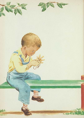 Boy playing with string on a bench