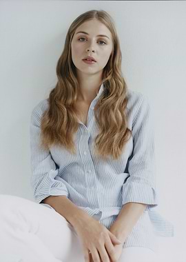 Hermione Corfield in striped shirt and white pants