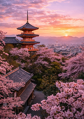 Kyoto Pagoda at Sunrise with Cherry Blossoms
