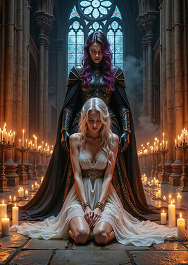 Mysterious Ritual in a Candlelit Cathedral with two Women