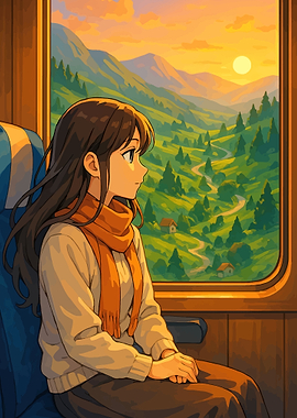 Girl on a train looking at mountains
