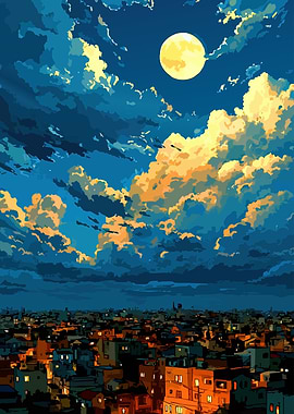 Moonlit Cityscape with Dramatic Clouds