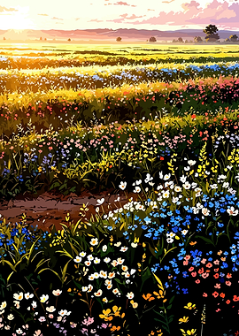 Vibrant Wildflower Meadow at Sunset