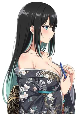 Anime Woman in Kimono Holding Pen