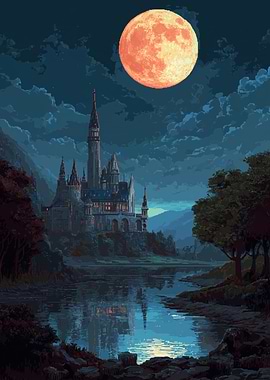 Pixel Art Castle Under a Blood Moon