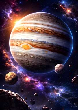 Jupiter and moons in space