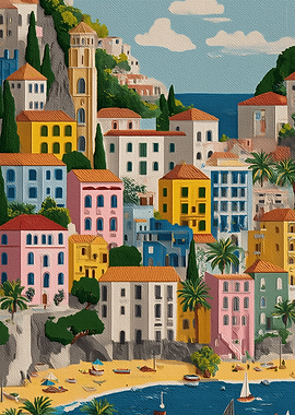 Colorful Coastal Town with Beach