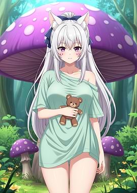 Anime Girl with Teddy Bear in Forest