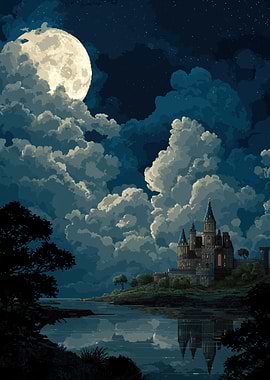 Mystical Castle Under a Full Moon