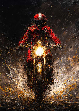 Red Motorcyclist Textured Oil Painting