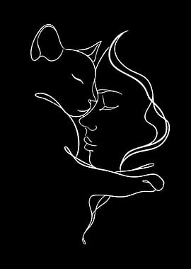 Woman and Cat Line Art