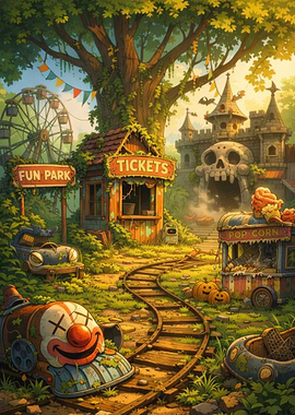 Abandoned Fun Park with Clown and Castle