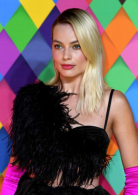 Margot Robbie in Black Feather Dress