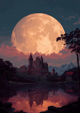 Fantasy Castle Under a Giant Moon