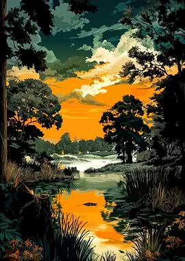 Sunset over a tranquil lake