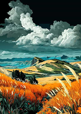 Dramatic Mountain Landscape with Golden Fields