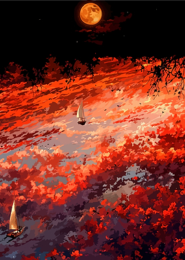 Sailboats on a Fiery Sunset Sky