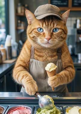 Cat ice cream vendor serving a cone