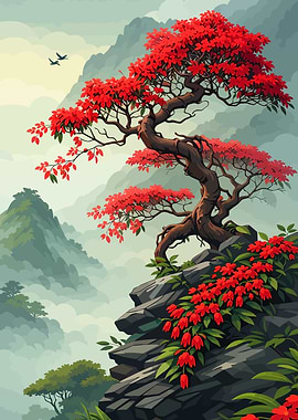 Red Bonsai Tree on Rocky Cliff