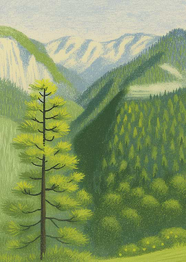 Serene Mountain Landscape with Pine Tree