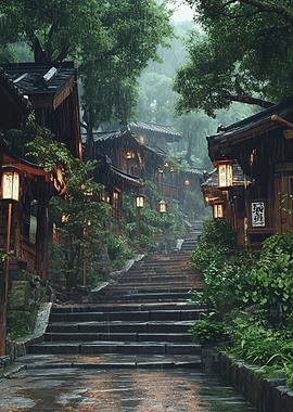Rainy Street in Traditional Asian Village