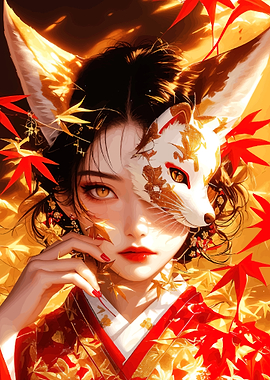 Kitsune Masked Woman with Autumn Leaves