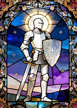Stained Glass Knight with Sword and Shield