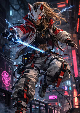 Cyberpunk Fox Mask Warrior